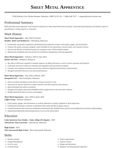 sheet metal apprentice resume